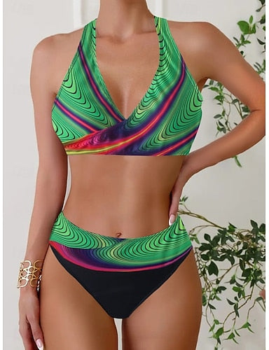 Bikini 2 Piece Swimsuit Cheeky Slim Backless Vacation Beach Wear Geometric Color Block V Neck Sleeveless Bathing Suits