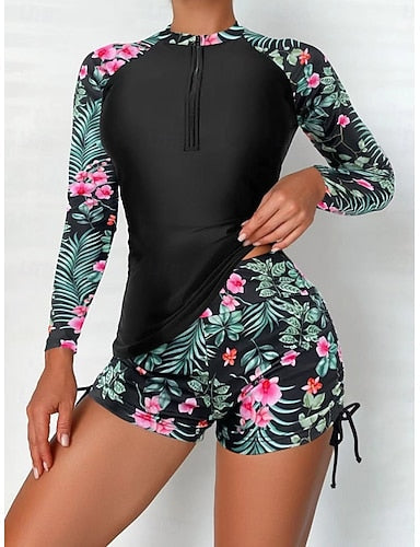 Swimwear Tankini 2 Piece Shorts Swimsuit Tummy Control High Waist Slim Backless Vacation Beach Wear High Neck Long Sleeve Bathing Suits