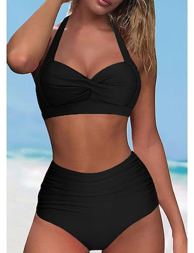 Swimwear Bikini Shorts Swimsuit Halter 2 Piece Criss Cross Stylish Push Up Plain Sleeveless Bathing Suits