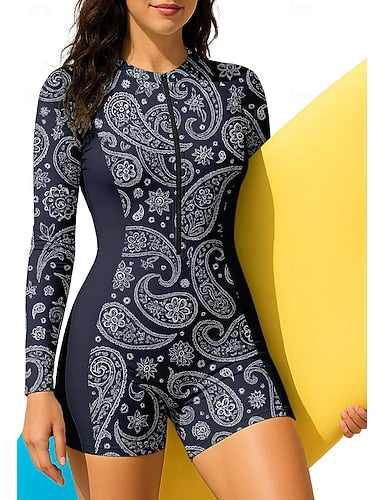 Regular Rash Guard Bathing Suit Boyleg Paisley Zip Up Removable Pad Front Zip Uv Sun Protection Upf50+ Ultra Light (ul) Long Sleeve Swimwear Sun Shirt Surfing Canoeing Beach Summer