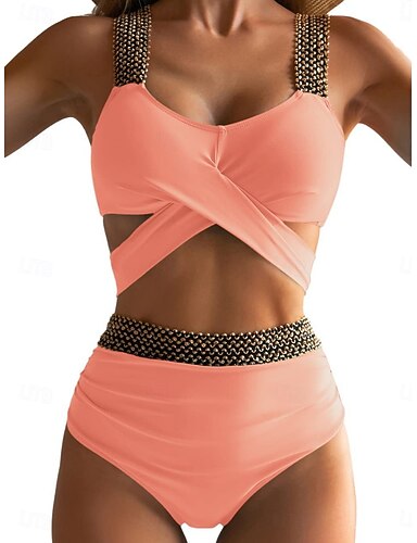 Bikini 2 Piece Swimsuit Cutout Briefs Slim Backless Vacation Beach Wear Color V Neck Sleeveless Bathing Suits
