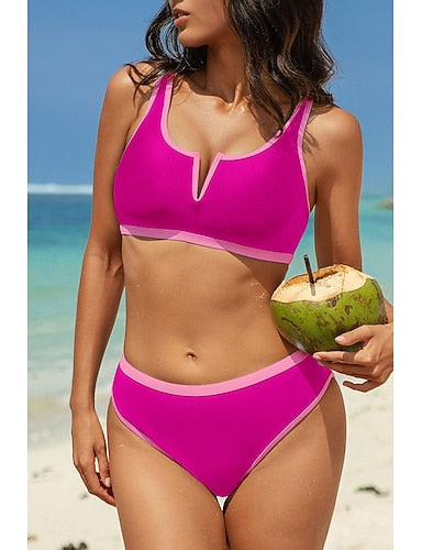 Swimwear Bikini 2 Piece Swimsuit Backless Patchwork Tropical Beach Wear Color Block V Neck Sleeveless Bathing Suits