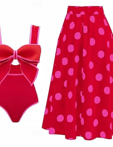 One Piece Swimsuit Monokini Skirt Tummy Control High Waist Slim Backless Vacation Beach Wear Polka Dot V Neck Sleeveless Bathing Suits