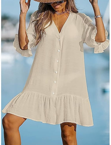 Swimwear Cover Up Swim Dress Dress Swimsuit Ruched Buttons Vacation Beach Wear Plain V Neck Short Sleeves Bathing Suits