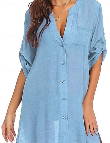 Mini Dress White Dress Beach Dress Black Dress Cover Up Classic Daily Outdoor Beach Loose Fit Plain Half Sleeve V Neck Blue Black White Army Green Summer Spring