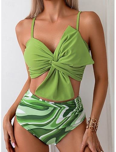 Swimwear Bikini 2 Piece High Waist Swimsuit Ruched Vacation Beach Wear Graphic V Neck Sleeveless Bathing Suits