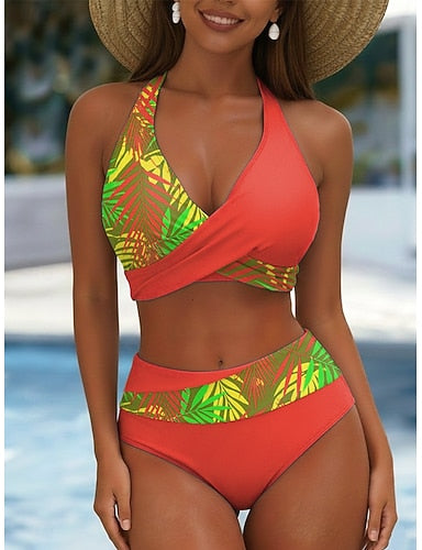 Bikini 2 Piece Swimsuit Palm Skirt Vacation Graphic V Neck Sleeveless Bathing Suits