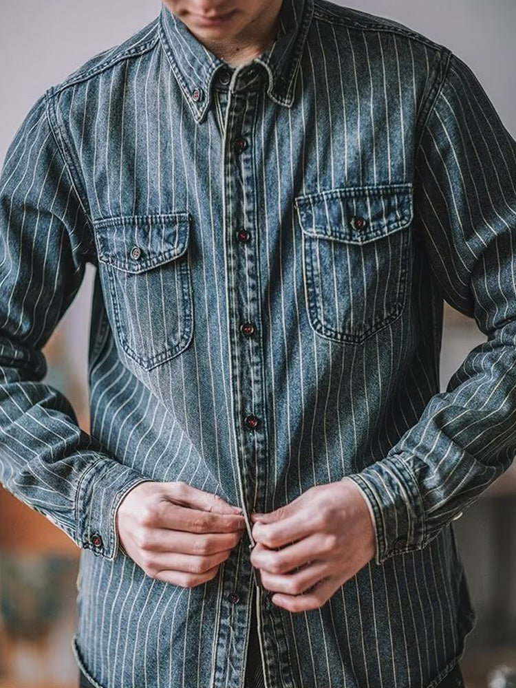 Men's Retro Heavy Vertical Striped Denim Casual Jacket artswardrobe