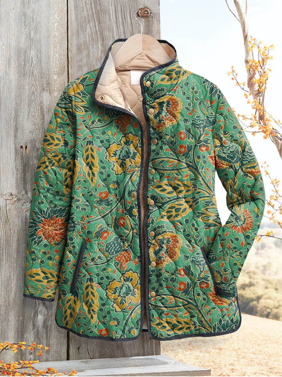 Women's Vintage Lovely Floral Art Print Casual Quilted Cardigan