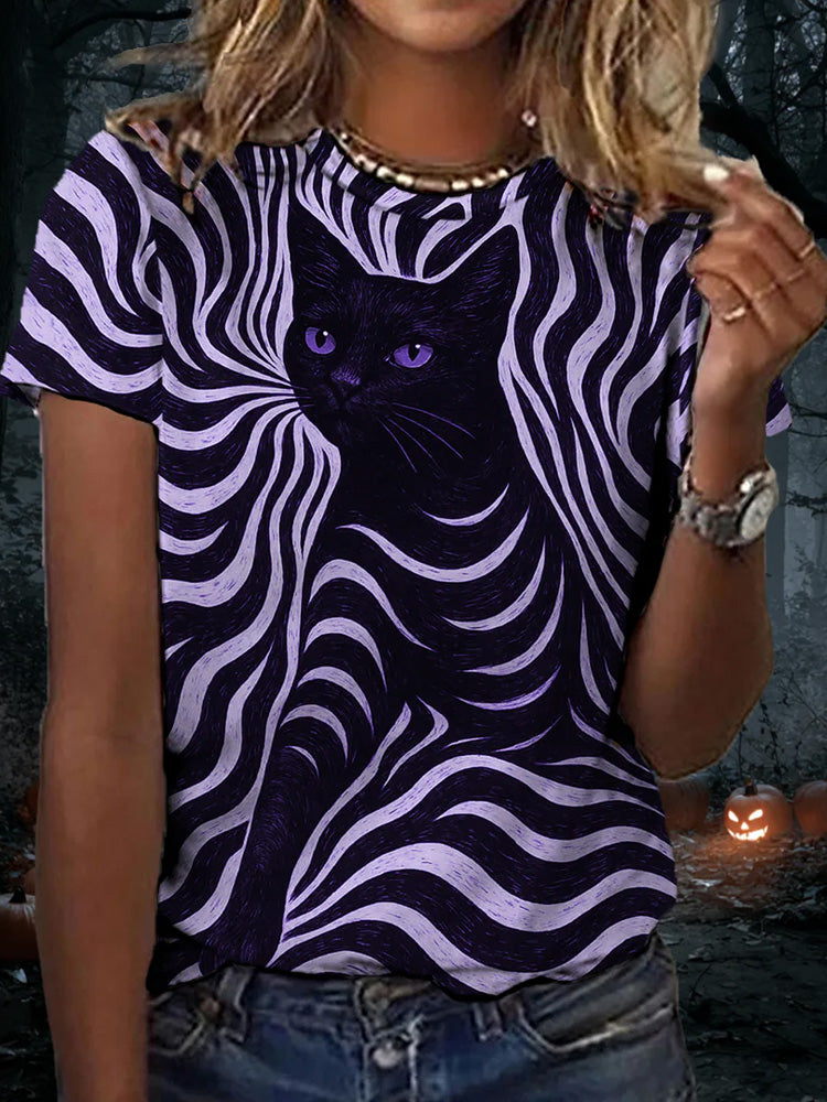 Comstylish Women's Halloween Black Cat Stripes Print Casual Tee