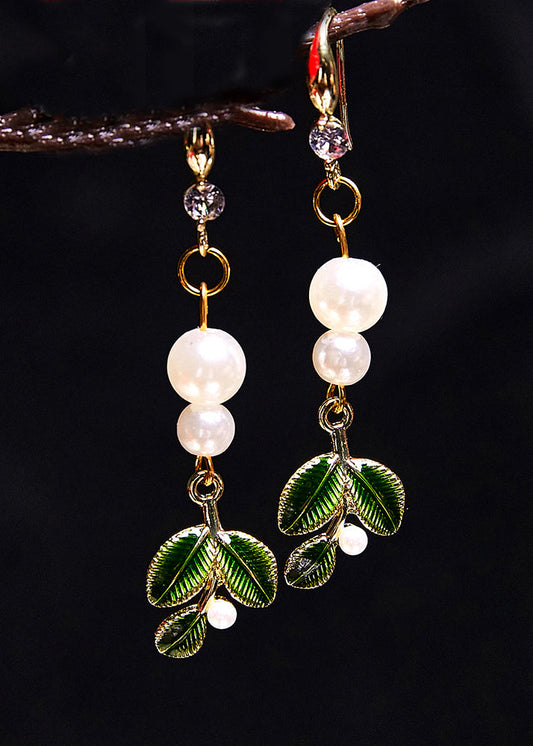 Diy Green Leaf Pearl Zircon Drop Earrings