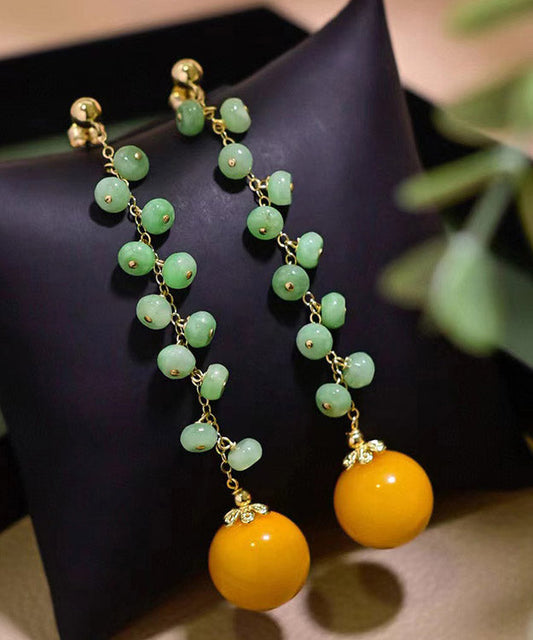 Skinny Green 14k Gold Jade Beeswax Drop Earrings