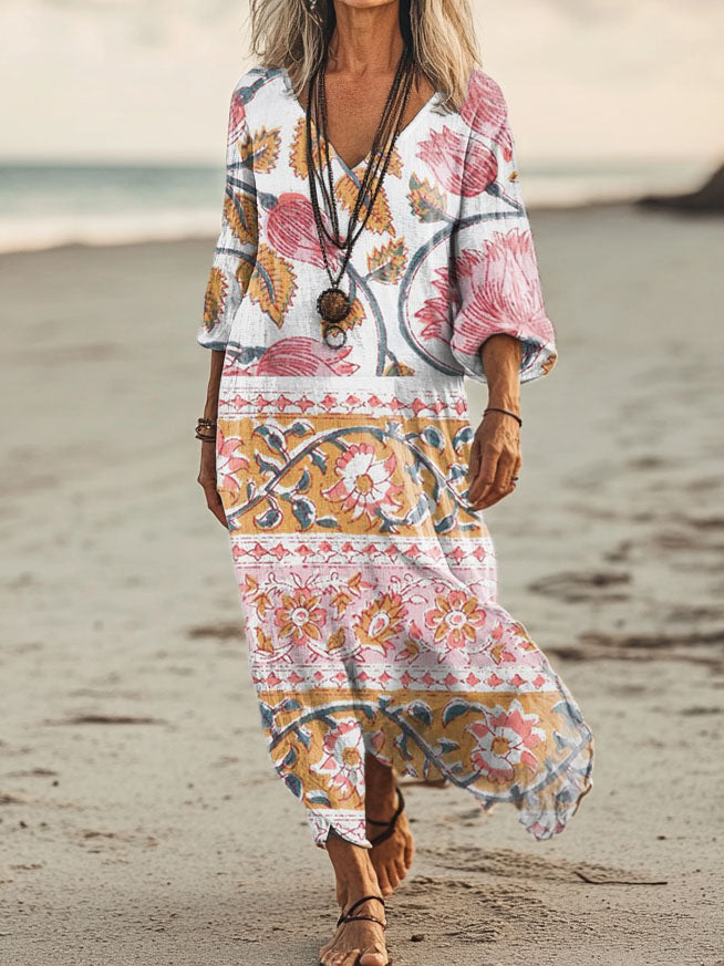 Women's Floral Art Print Pocket Cotton Dresses
