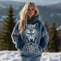 Comstylish Women's Retro Glacier Wolf Celtic Design Pattern Flannel Hoodie