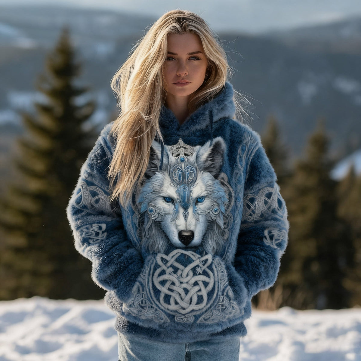Comstylish Women's Retro Glacier Wolf Celtic Design Pattern Flannel Hoodie