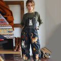 Vintage Cute Cat Floral Pattern Denim Overalls Art Jeans Jumpsuit elevenforest