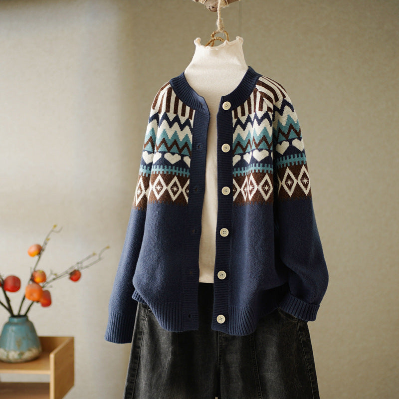 Vintage Geometric Jacquard Round Neck Button Sweater Cardigan elevenforest