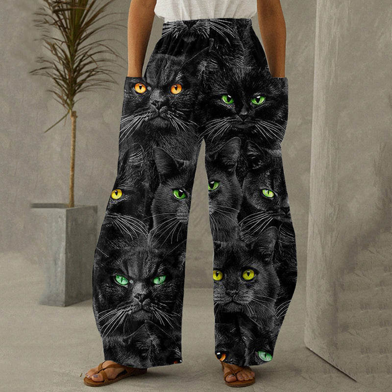 Cool Black Cat Print Women's Casual Pants elevenforest