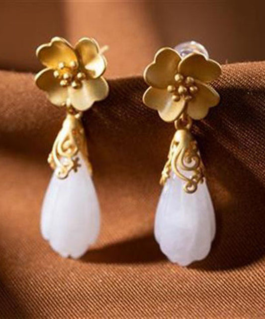 White Sterling Silver Overgild Jade Orchid Drop Earrings
