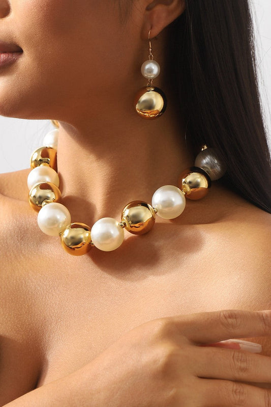 Faux Pearl Metal Ball Necklace ?earrings Set