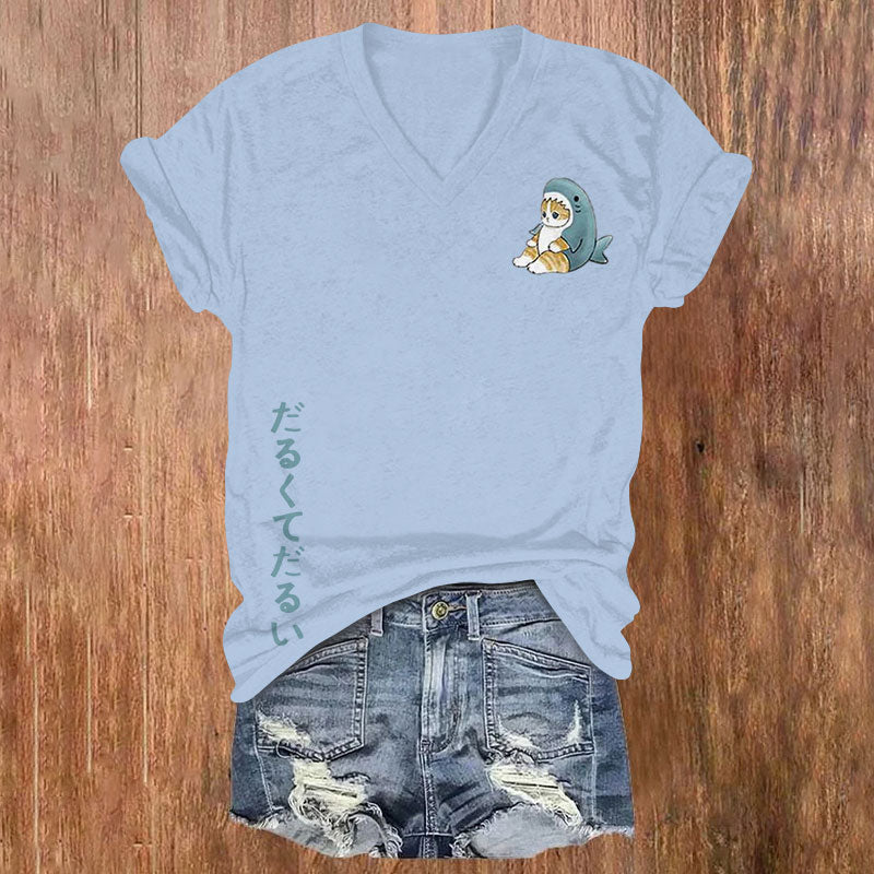 Japanese Cute Cat Print V-Neck Short Sleeves T-Shirt elevenforest
