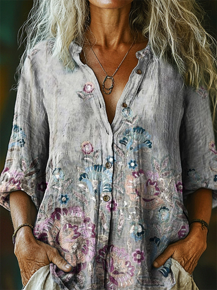 Women's Floral Pattern Art Print Linen Cotton Casual Shirt