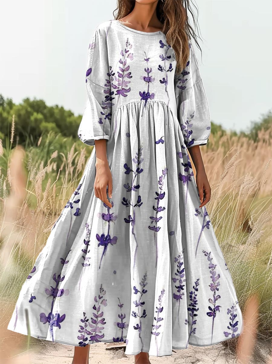 Women's Lavender Print Flowy Round Neck Pocket Cotton Dress