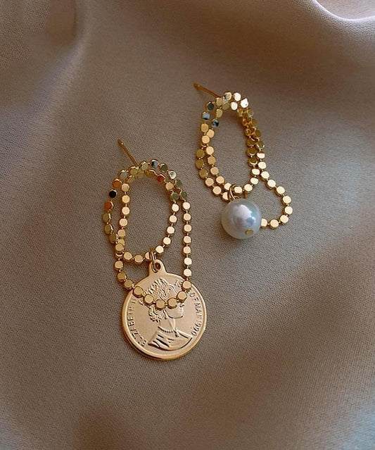 Stylish Gold Srerling Silver Alloy Asymmetrica Pearl Hoop Earrings