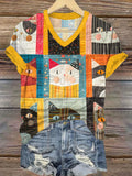 Cute Cat Patchwork Design V-Neck T-Shirt elevenforest