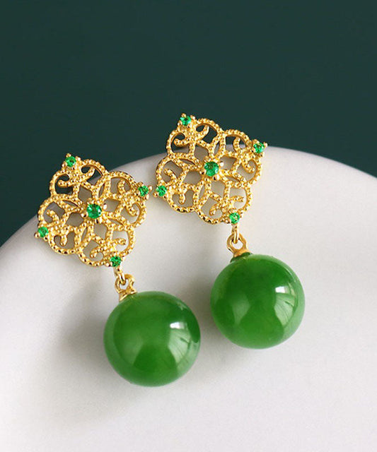 Tea Green Sterling Silver Overgild Zircon Jade Drop Earrings