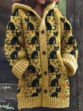 Vintage Black Cats Pattern Cozy Knit Hooded Cardigan elevenforest