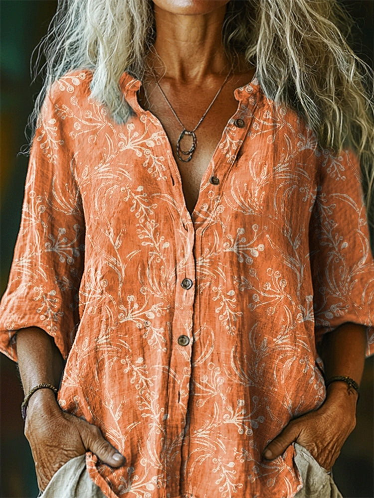 Women's Floral Pattern Art Print Casual Cotton Linen Shirt