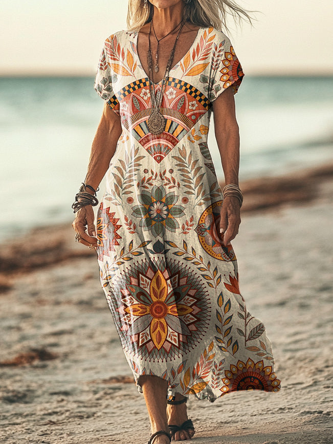 Women's Ethnic Tattoo Floral Art Print Pocket Cotton Dresses