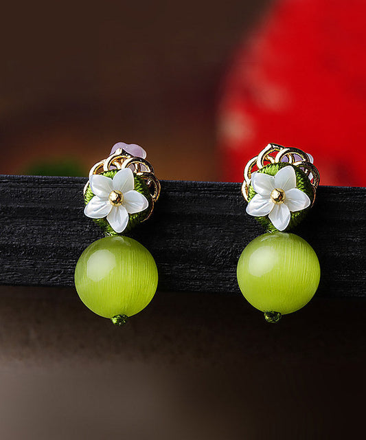 Yellow Green Shell Flower Cymophanite Drop Earrings
