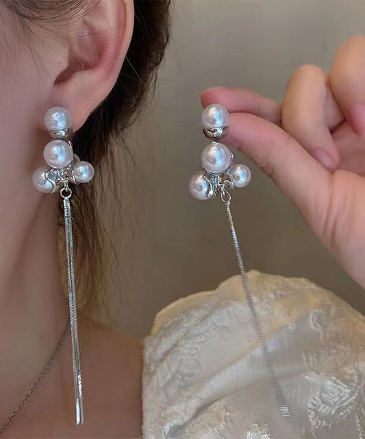 Silk Sterling Silver Alloy Pearl Tassel Drop Earrings