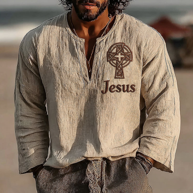 Men's Vintage Faith Cross Jesus Art Loose And Comfortable Cotton And Linen Long-sleeved Shirt elevenforest