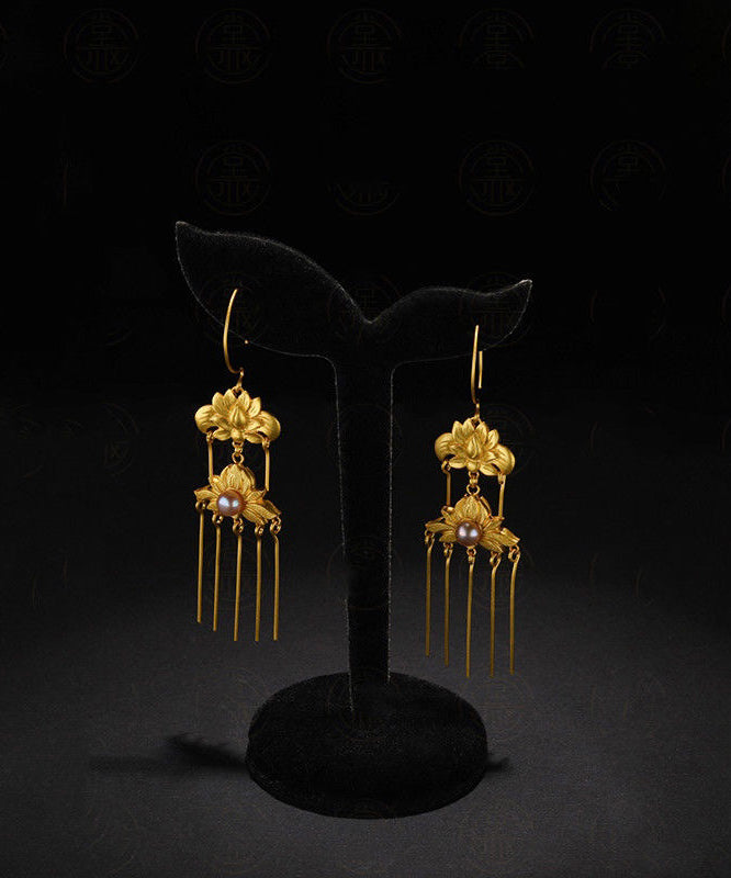 Gold Sterling Silver Overgild Pearl Tassel Drop Earrings