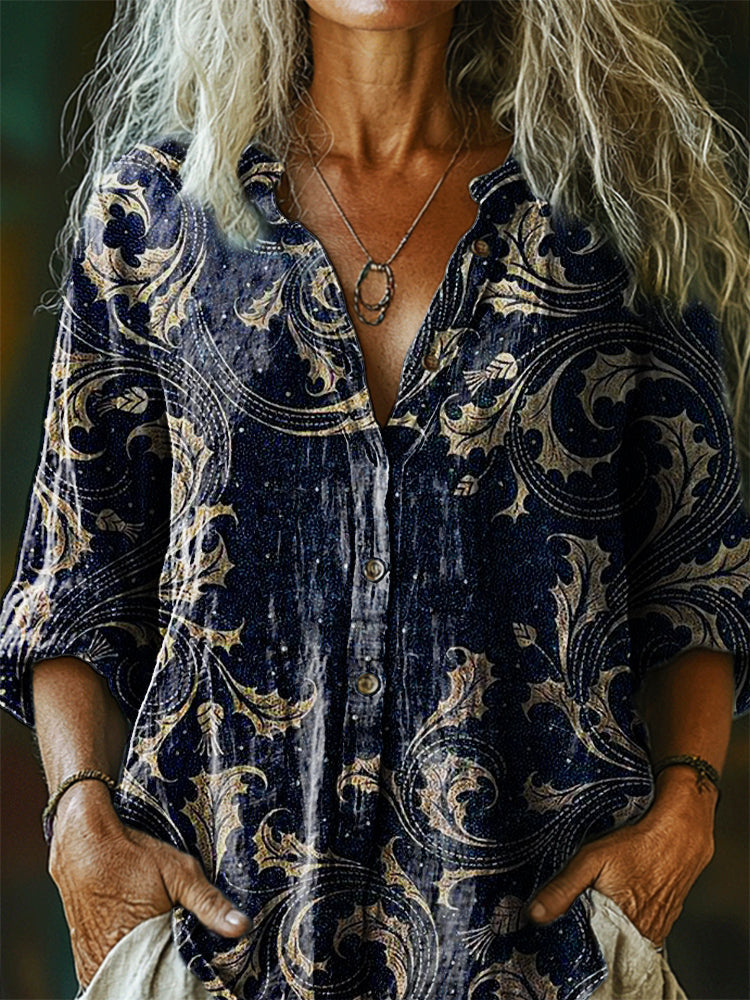 Women's Vintage Ethnic Floral Art Print Casual Cotton Linen Shirt