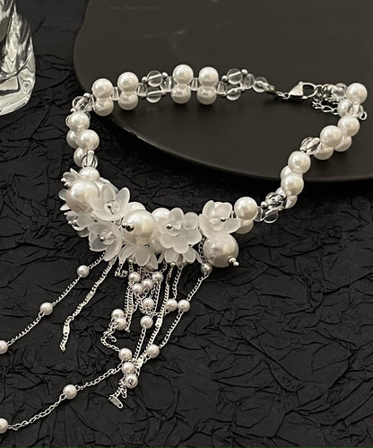 Classy White Alloy Pearl Beading Tassel Lariat Necklace