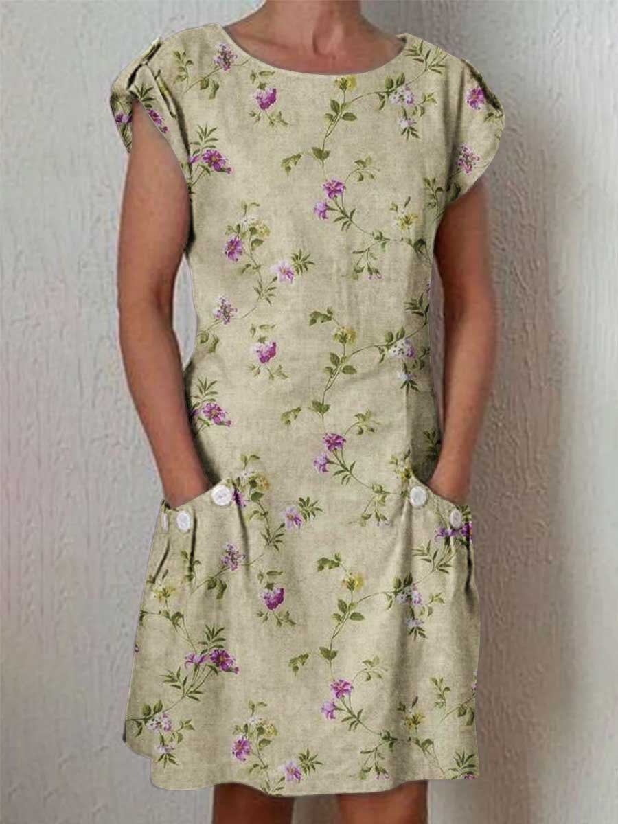Women's Classic Floral Pattern Dress with Pockets