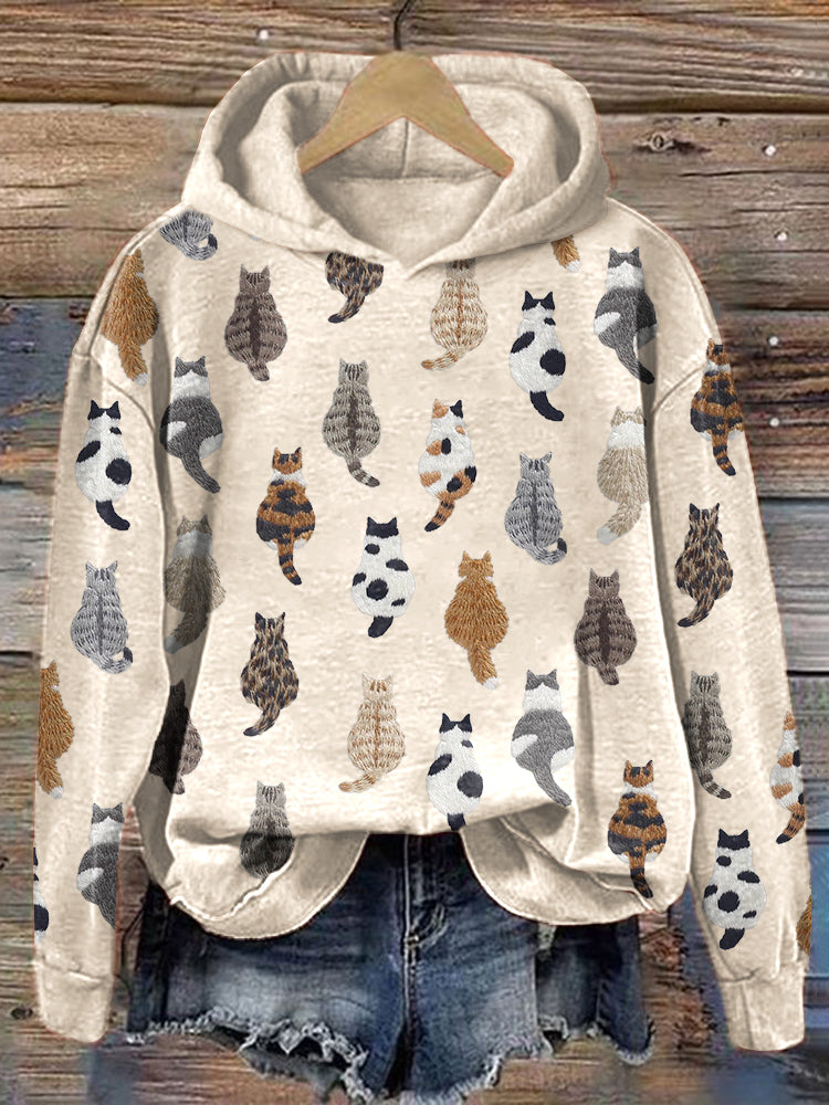 Comstylish Cute Cats Embroidery Pattern Cozy Hoodie