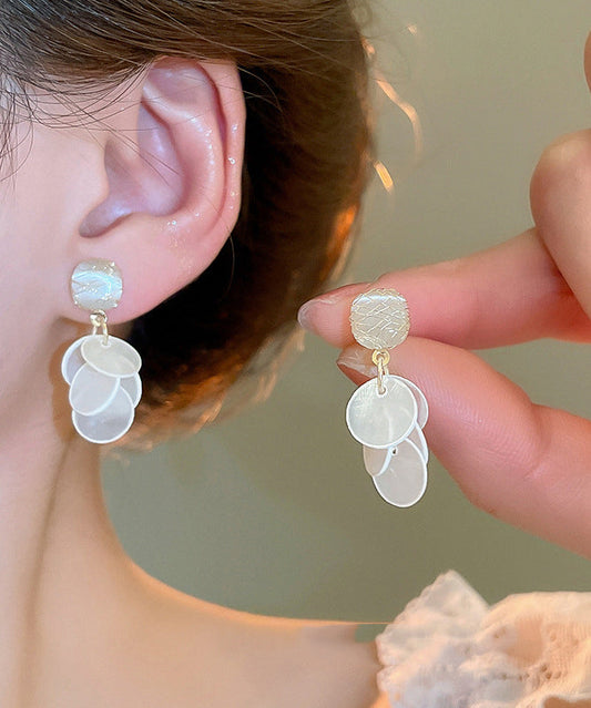 White Copper Cat's Eye Stone Shell Tassel Drop Earrings