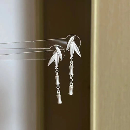 Silk Sterling Silver Bamboo Leaves Wind Chime Drop Earrings