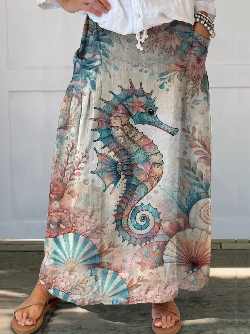 Floral Seahorse Art Print Linen Pocket Skirt
