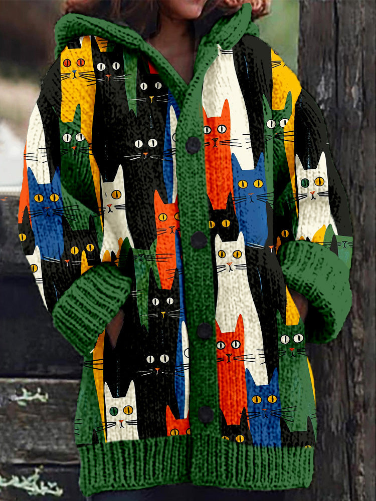 Colorful Cats Pattern Cozy Hooded Cardigan elevenforest
