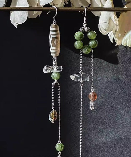 Silk Stergild Silver Crystal Agate Chalcedony Asymmetrical Tassel Drop Earrings