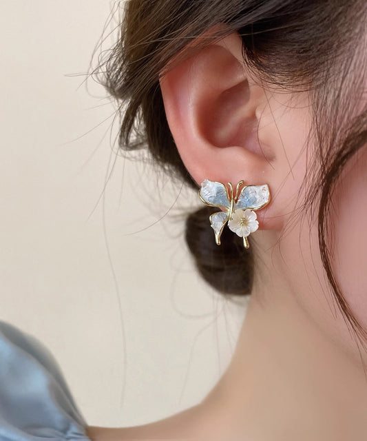 Original Design Blue Sterling Silver Overgild Shell Butterfly Stud Earrings
