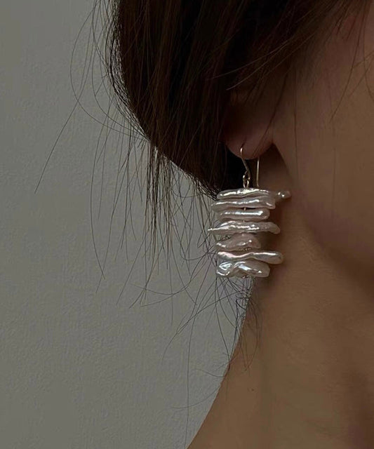 White 14k Gold Irregular Pearl Drop Earrings