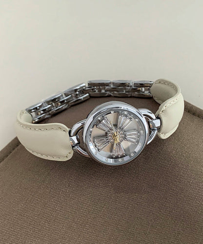 Simple White Leather Zircon Hardlex Crystal Watches