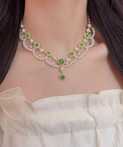 Green Alloy Crystal Pearl Lace Double-layer Pendant Necklace